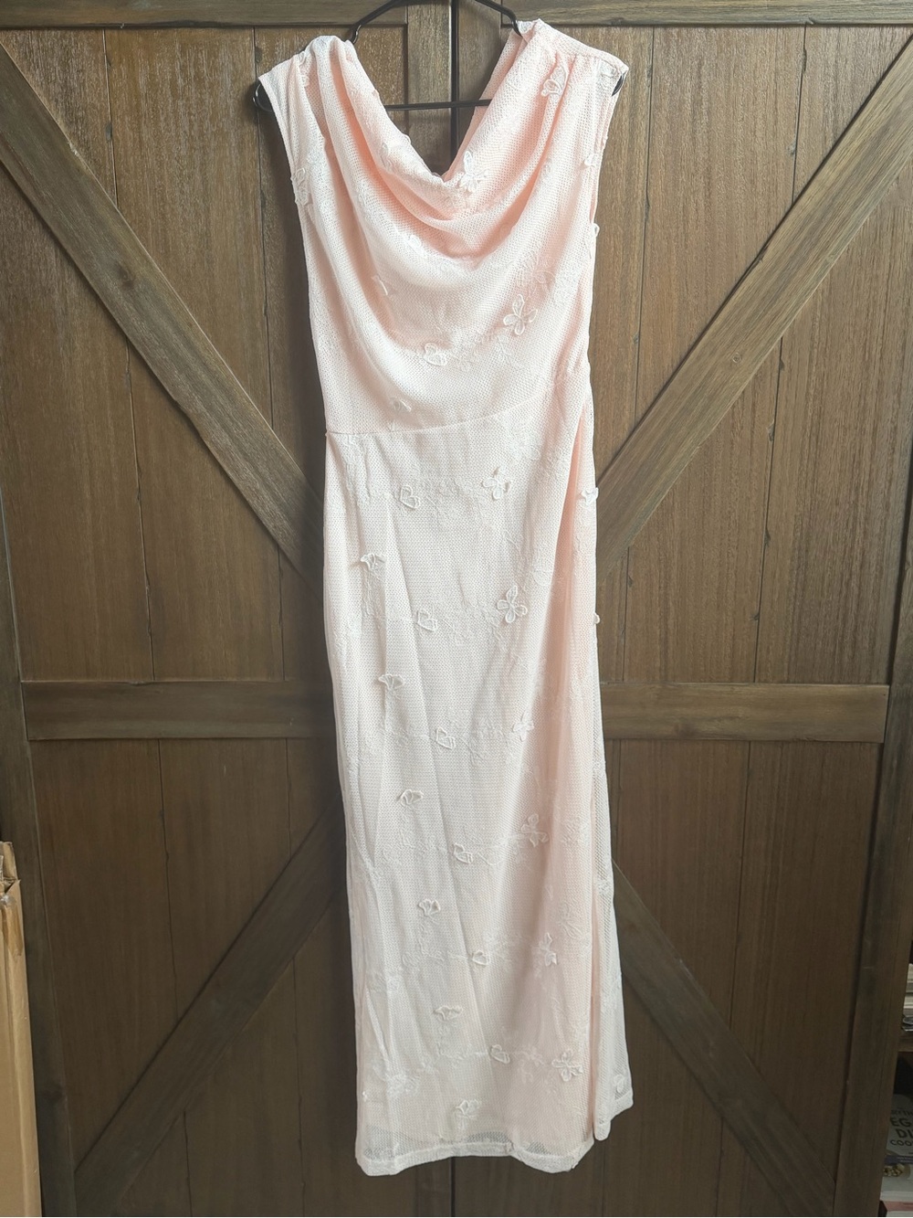 Draped Cowl Light Pink Maxi Dress with Floral Embroidery